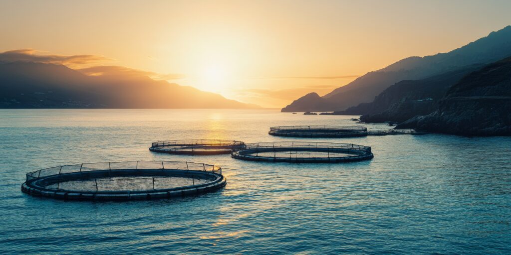 Ocean View with Circular Salmon Farm Pens
